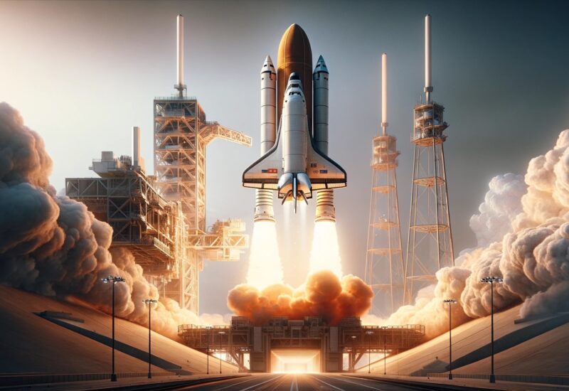 DALL·E 2024 01 05 09.51.58 A photorealistic image of a space shuttle similar to the Challenger during liftoff from its launch pad. The scene captures the moment of the shuttle a oclock